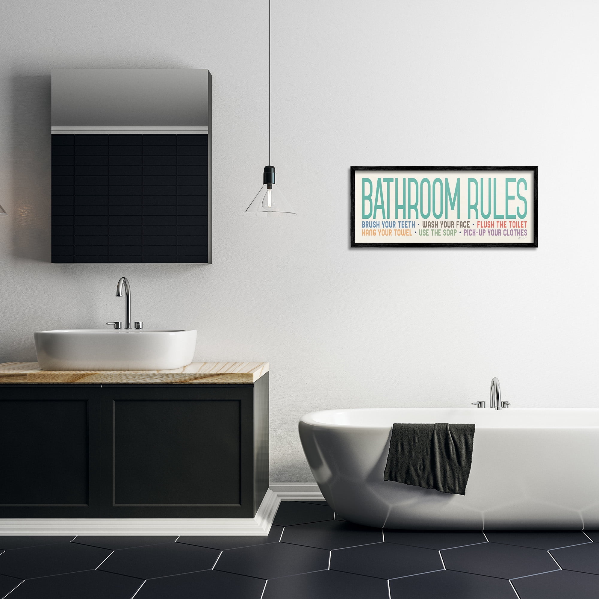 Stupell Industries Bathroom Rules with Teal Text Abstract Painting Black Framed Art Print Wall Art, 30 x 13