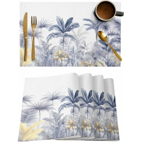 Placemats Set of 6, Cotton Linen Heat Table Mats Non-Slip Washable Watercolor Mist Blue Palm Trees Tropical Botanical Placemat for Holiday Banquet Dining Kitchen Table Decor