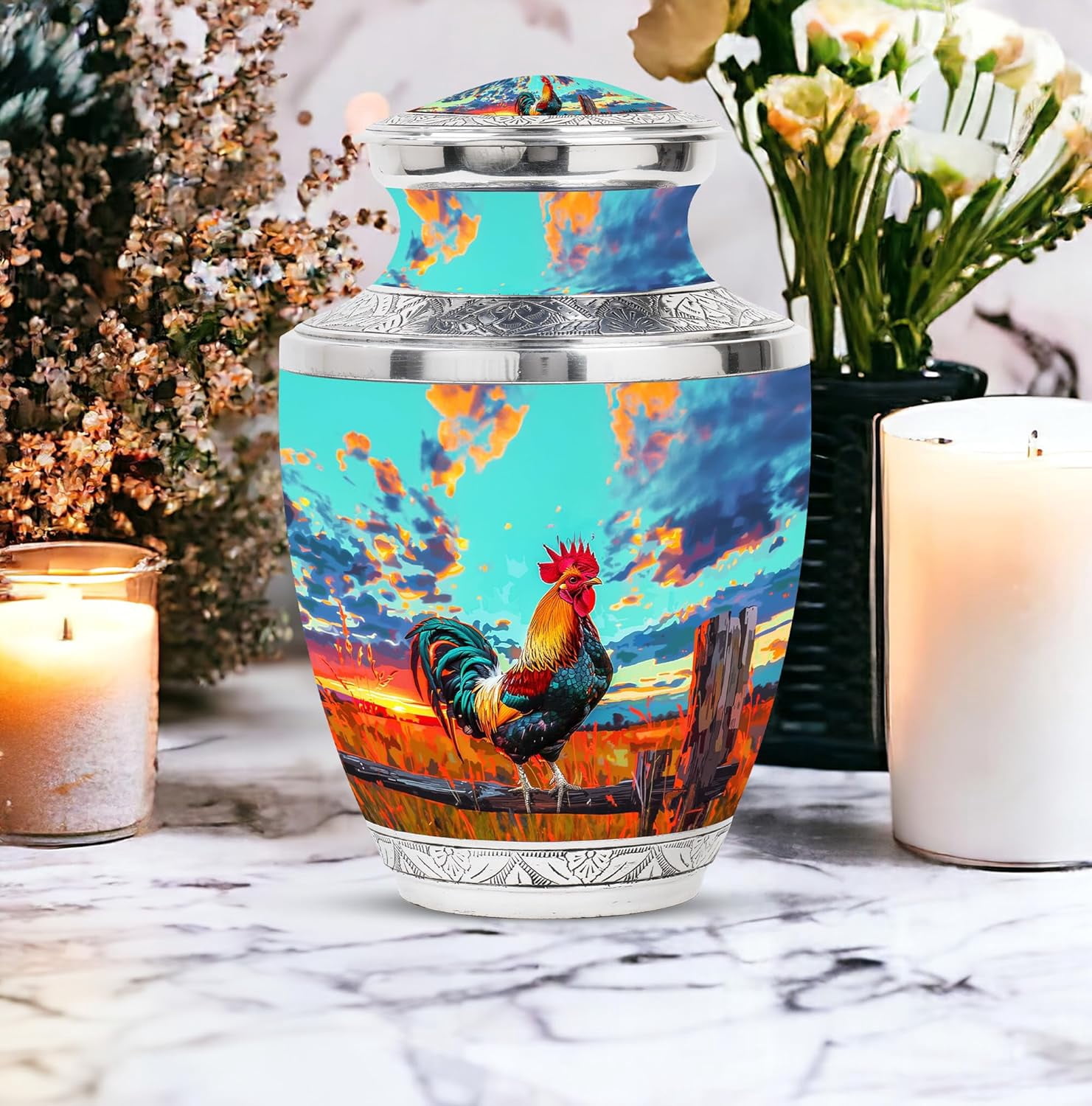 Rooster Urn - Decorative Urns for Human Ashes - Urn for Moms Ashes & Dad - Funeral Cremation Urns for Ashes - Human Urns for Ashes - Keepsake urns for Ashes Small (Combo - 10" & 3", 2 Pcs)