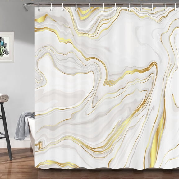 Marble Shower Curtain, Modern Luxury Cream and White Stone Texture Gold Wave Stripe, Polyester Fabric Bathroom Decor Set 36"W x 72"L (Pack of 1)
