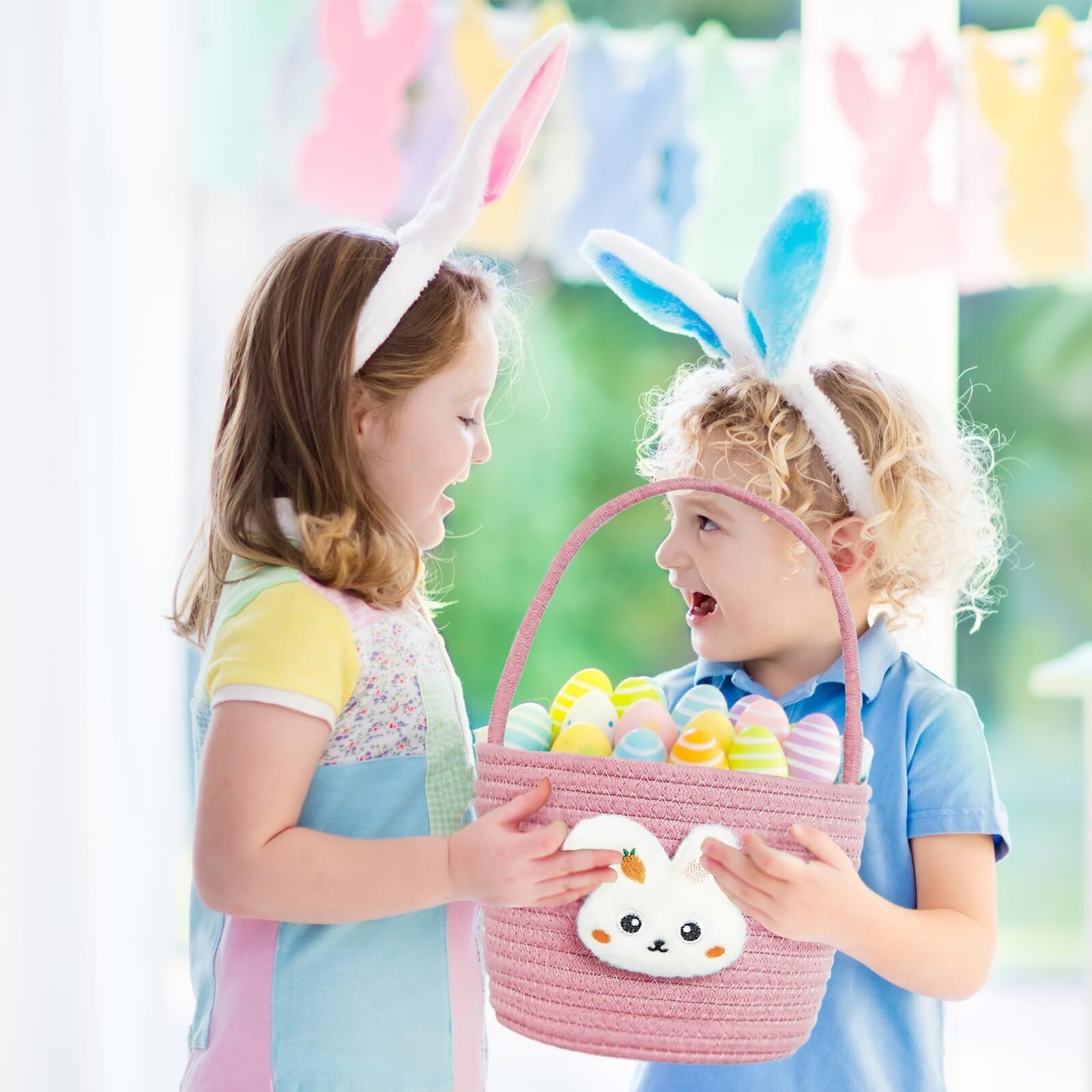 Poschnor Easter Basket for Kids, Easter Bunny Basket with Gift Bags and Ribbons, Woven Cotton Rope Egg Easter Baskets for Girls, Boys, Toddler, Babies, Blue