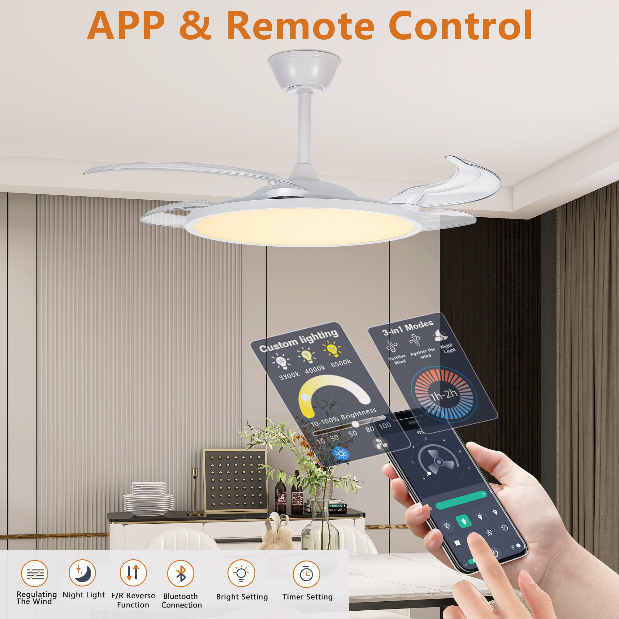Leumius Retractable Ceiling Fans with Lights,42" Ceiling Fan with Light and Remote Control,Flush Mount,DC Reversible,3CCT,Low Noise,White Ceiling Fan for Bedroom,Living Room,Kitchen