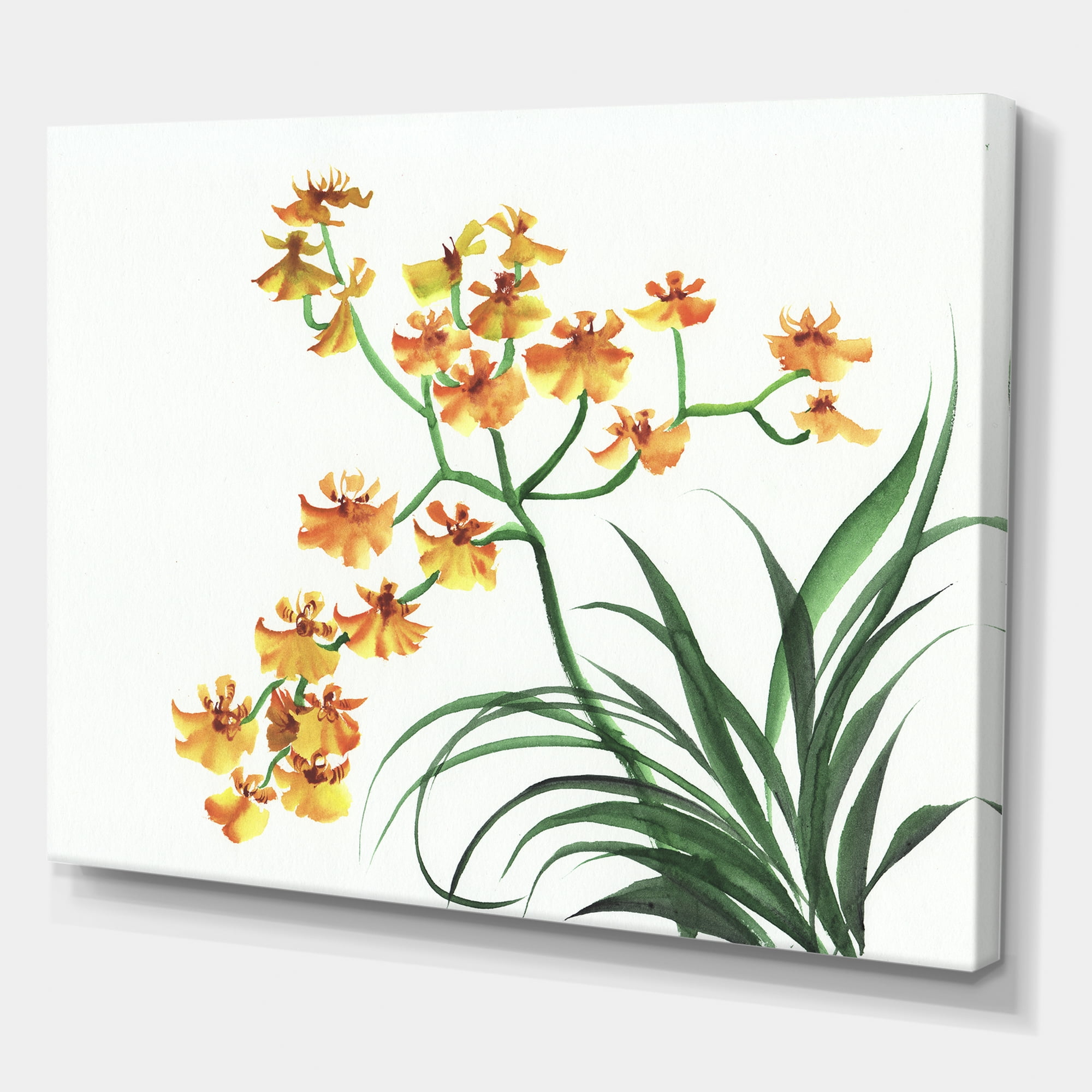 Designart ' Yellow Vintage Orchids On White ' Traditional Canvas Wall Art Print