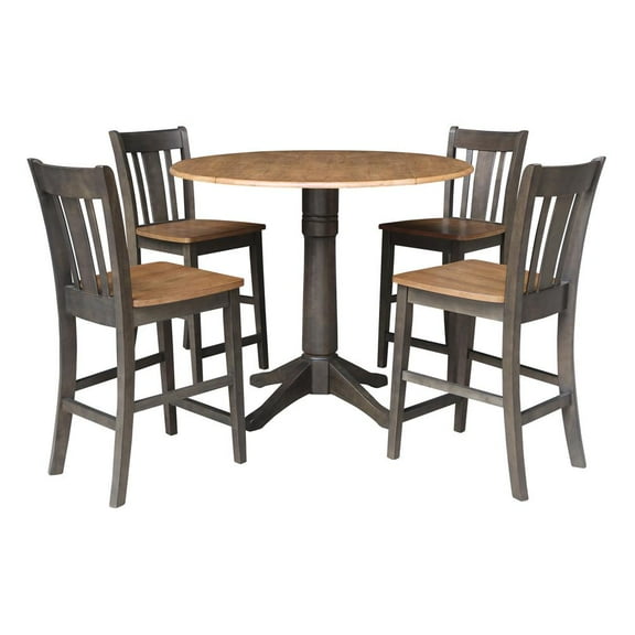 42 in Round Drop Leaf Counter Height Table with 4 Stools in Hickory/Washed Coal