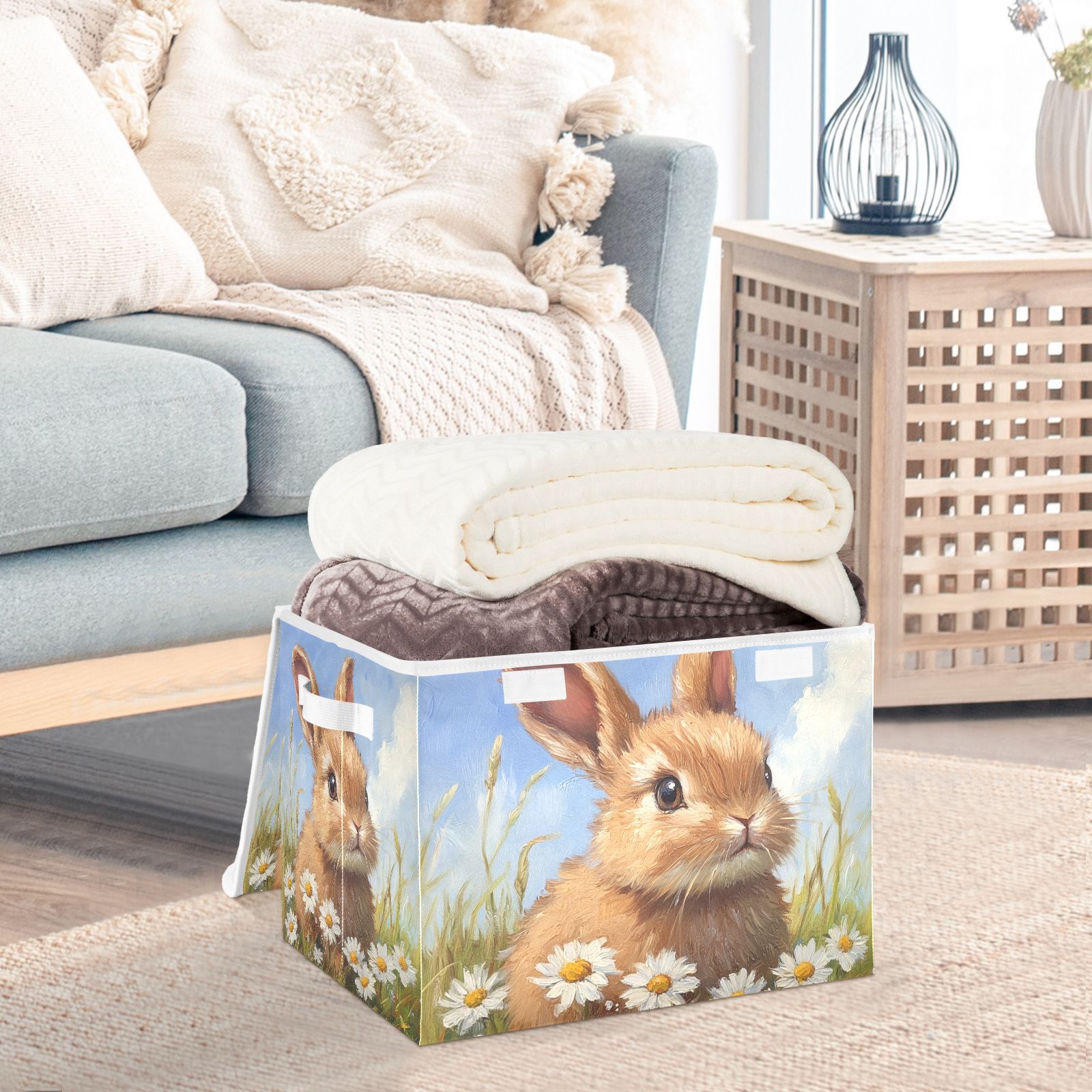 Easter Rabbit Flowers Daisy Storage Basket for Shelves Foldable Container Organizer for Organizing Toys Clothes Books with Handles