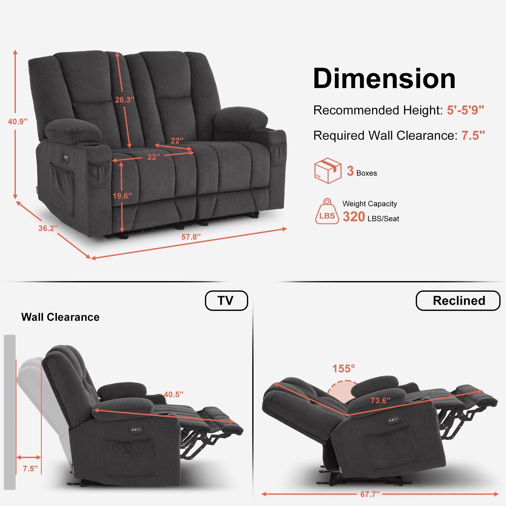 MCombo Power Loveseat Recliner w/ Massage USB Port for Living Room Gray Fabric 6025