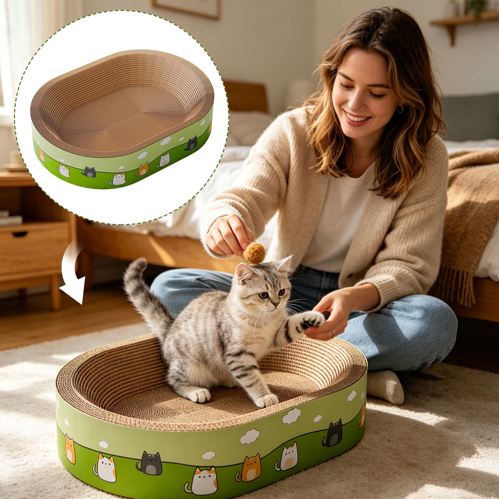Cat Scratcher Bed, Oval Cat Scratcher Cardboard, Indoor Cat Scratch Bowl, Large Pad Cat Scratching Board for Furniture Protector