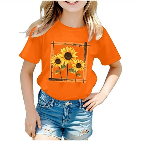 

amasding Girls T-Shirt Tie Knot Front Short Sleeve Casual Cute Print Tee Crew Neck Lovely Loose Summer Solid Blouse Tops Size 4-14