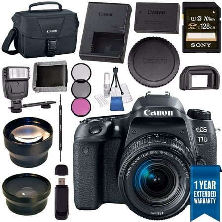Canon EOS 77D DSLR Camera with 18-55mm Lens 1892C016 + 58mm Wide Angle Lens + 58mm 2X Telephoto Lens + Sony 128GB SDXC Card + Universal Slave Flash Unit + 58mm 3 Piece Filter Kit