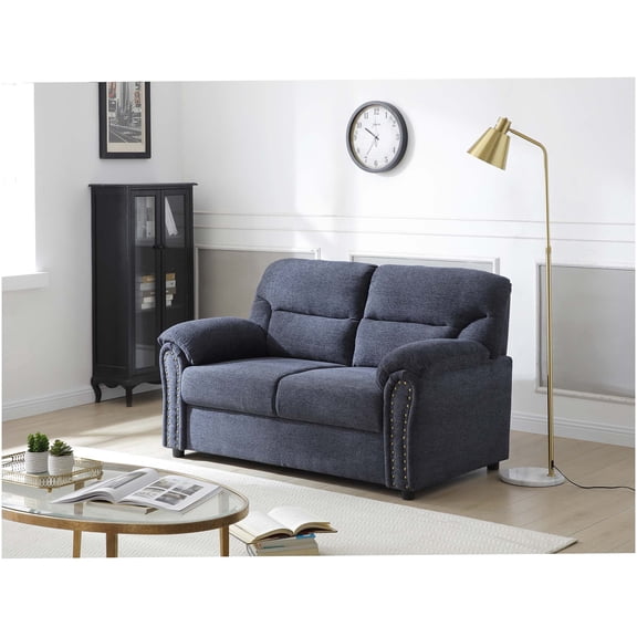 Blue Upholstered Loveseat Sofa with Nailhead Trim and Removable Back for Easy Moving