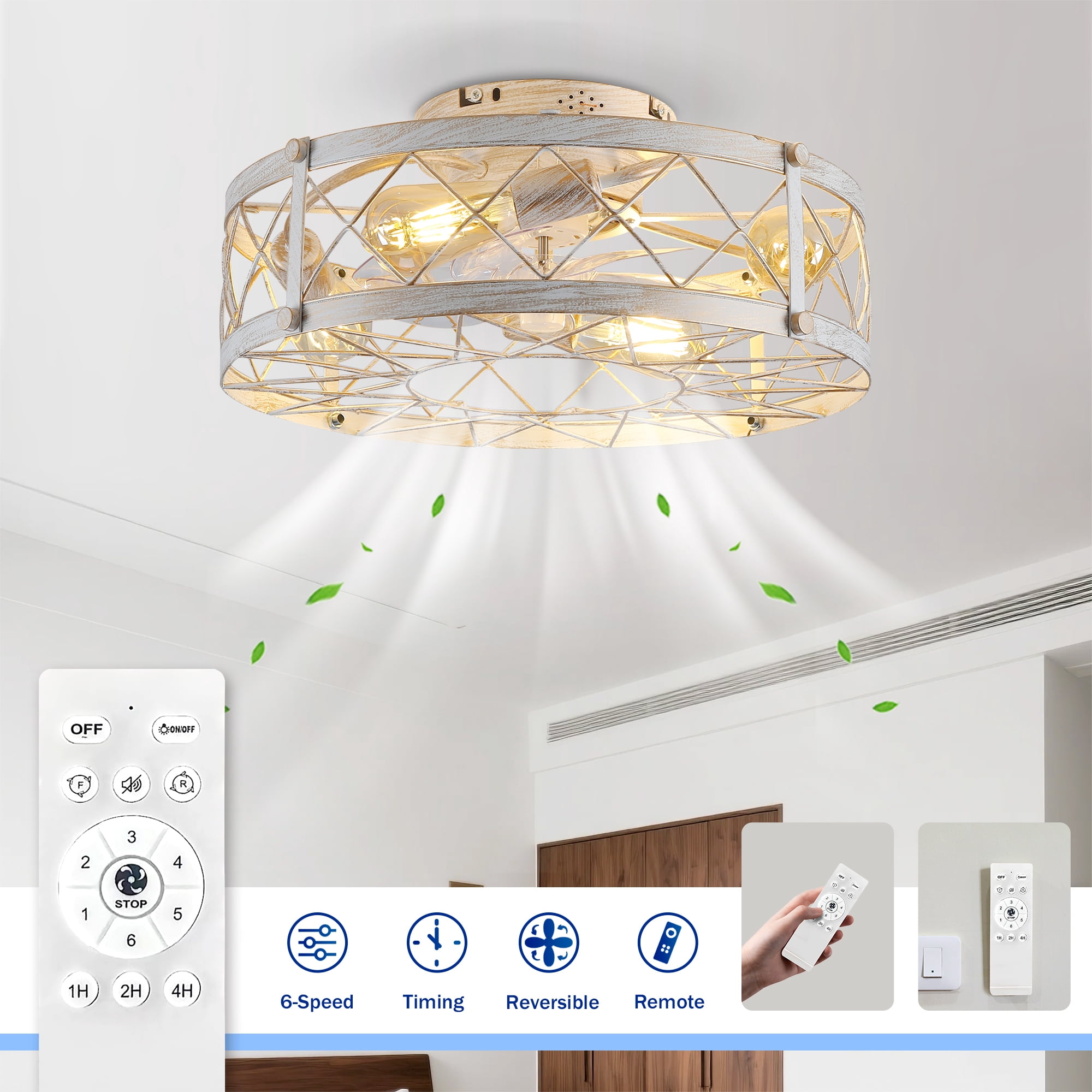Leumius 20" White Caged Ceiling Fan with Lights and Remote Control ,Reversible Motor, DC Remote Control,6 Speed Ceiling Fan for Living Room Bedroom Dining Room (NOT Included Bulbs)