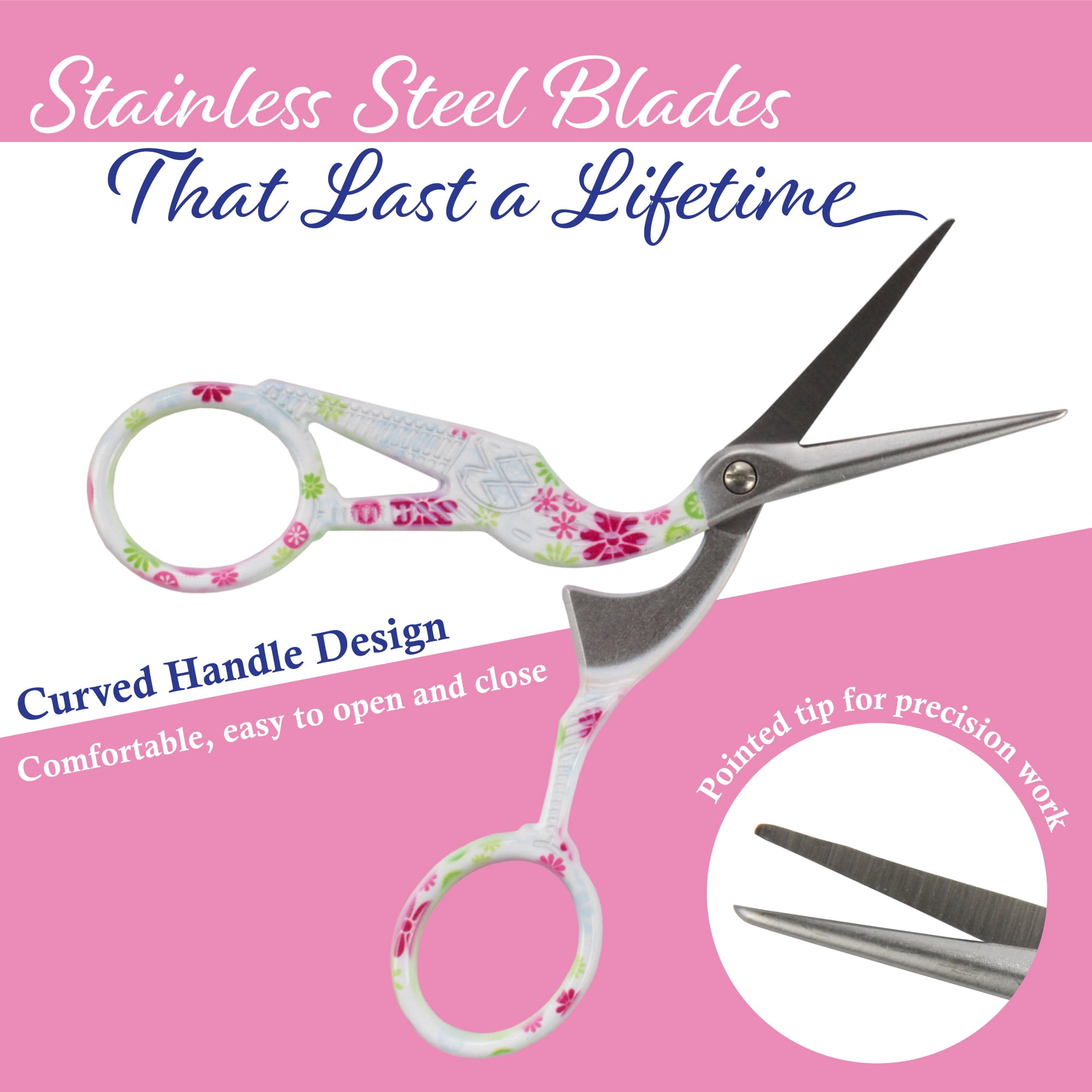 Stork Bird Rounded Safety Tip Embroidery Craft Stainless Steel Crane Scissors - White - 3 Pairs