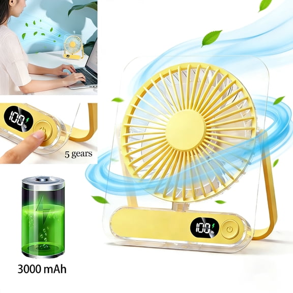 Portable Desk Fan with 3000mAh Battery, Small Personal Fan with 5 Speeds, USB Rechargeable