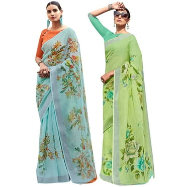 Pack of Two Saree for Women Printed Cotton Silk Indian Wedding Sarees | Diwali Gift Ethnic Sari Combo