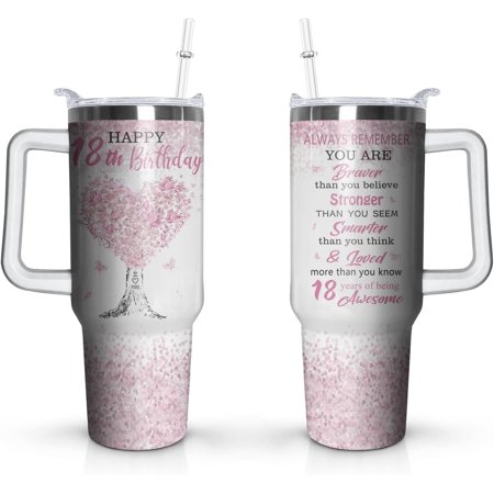 18th Birthday Gifts Cup 40 Oz Stainless Steel Tumbler with Handle & Straw 18 Years Old Birthday Gifts for Girls Coffee Mug 18th Birthday Decorations for Girls Happy 18th Birthday Gifts for Girls
