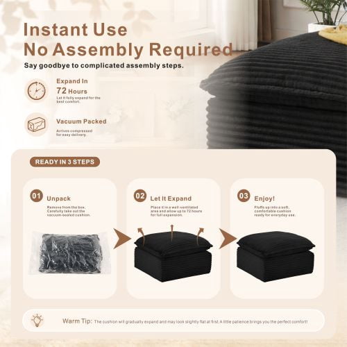 Upholstered Modular Square Compression Ottoman, 30.7" Square x 15.7" H, 3-in-1 Footrest, Seat & Side Table, Black
