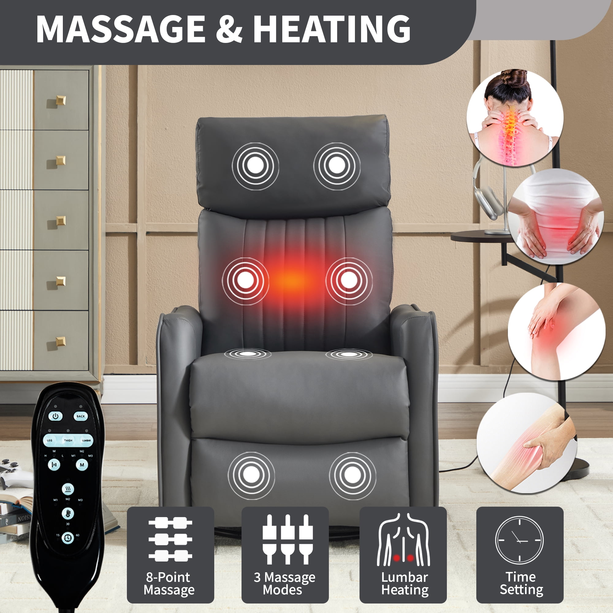 Leumius Manual Swivel Rocker Recliner Chair for Adults,Overstuffed Reclining Glider Chair with Vibration Massage & Heat,Upholstered Recliners with Side Pockets for Living Room,Grayish Green PU