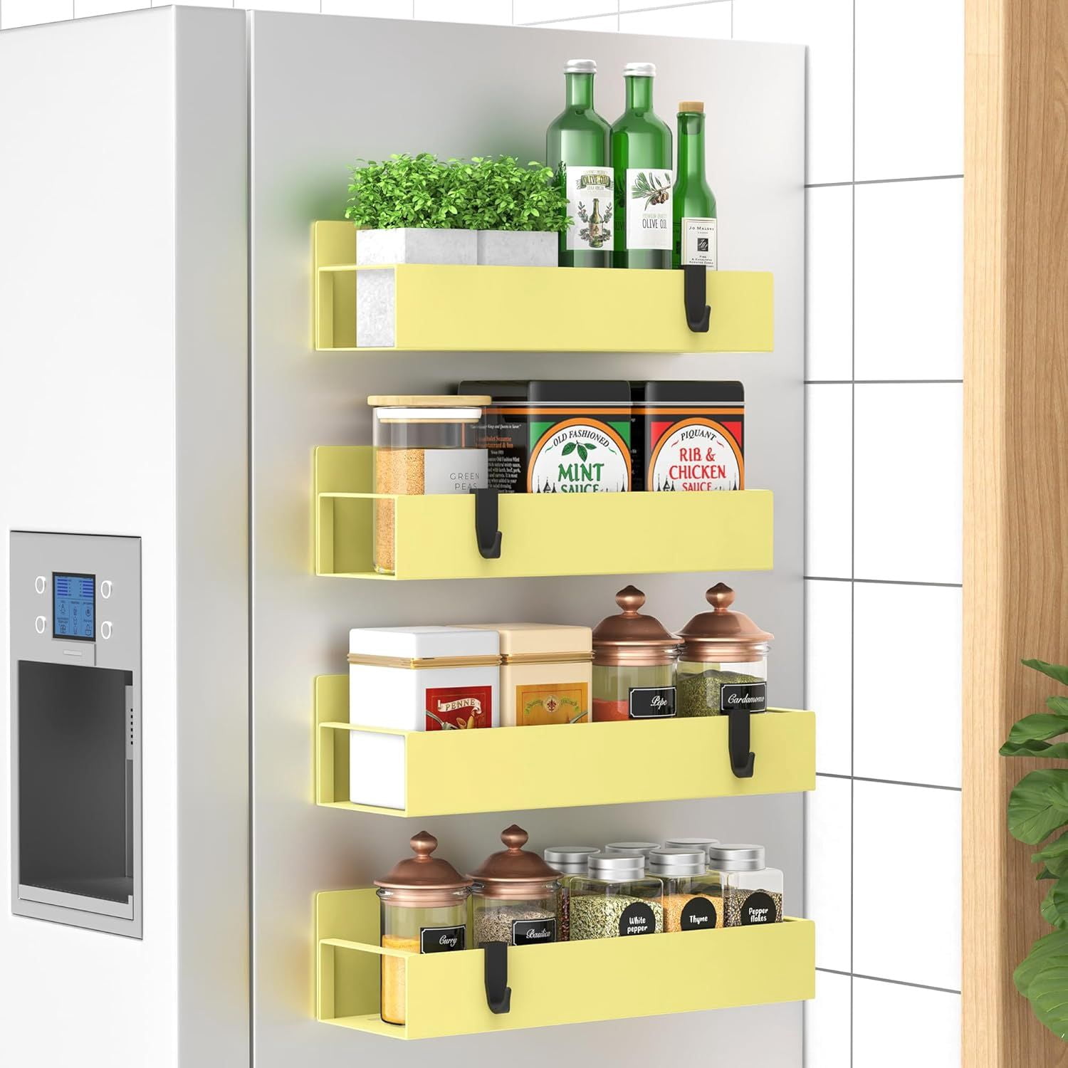 4 Pack Magnetic Spice Storage Rack Organizer for Refrigerator & Oven Yellow Fridge Organizers and Space-Saving Kitchen Storage Shelves