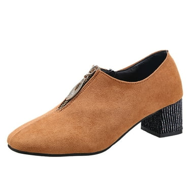 GEZHEN Square High Heel Suede Zipper Women's Shoes And Short Boots Heels Flock Fashion Single Round Toe Shallow Casual Shoes Non Slip Low Top Platform Shoes