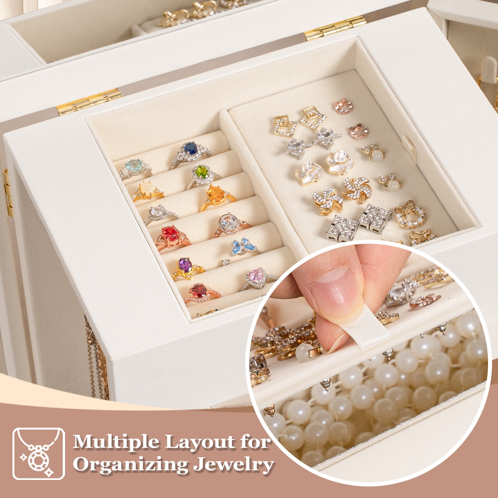Jewelry Box for Women, 5 Layer Large Leather Boxes & Organizers for Necklaces Earrings Rings Bracelets, Organizer with Drawers and Mirror, White
