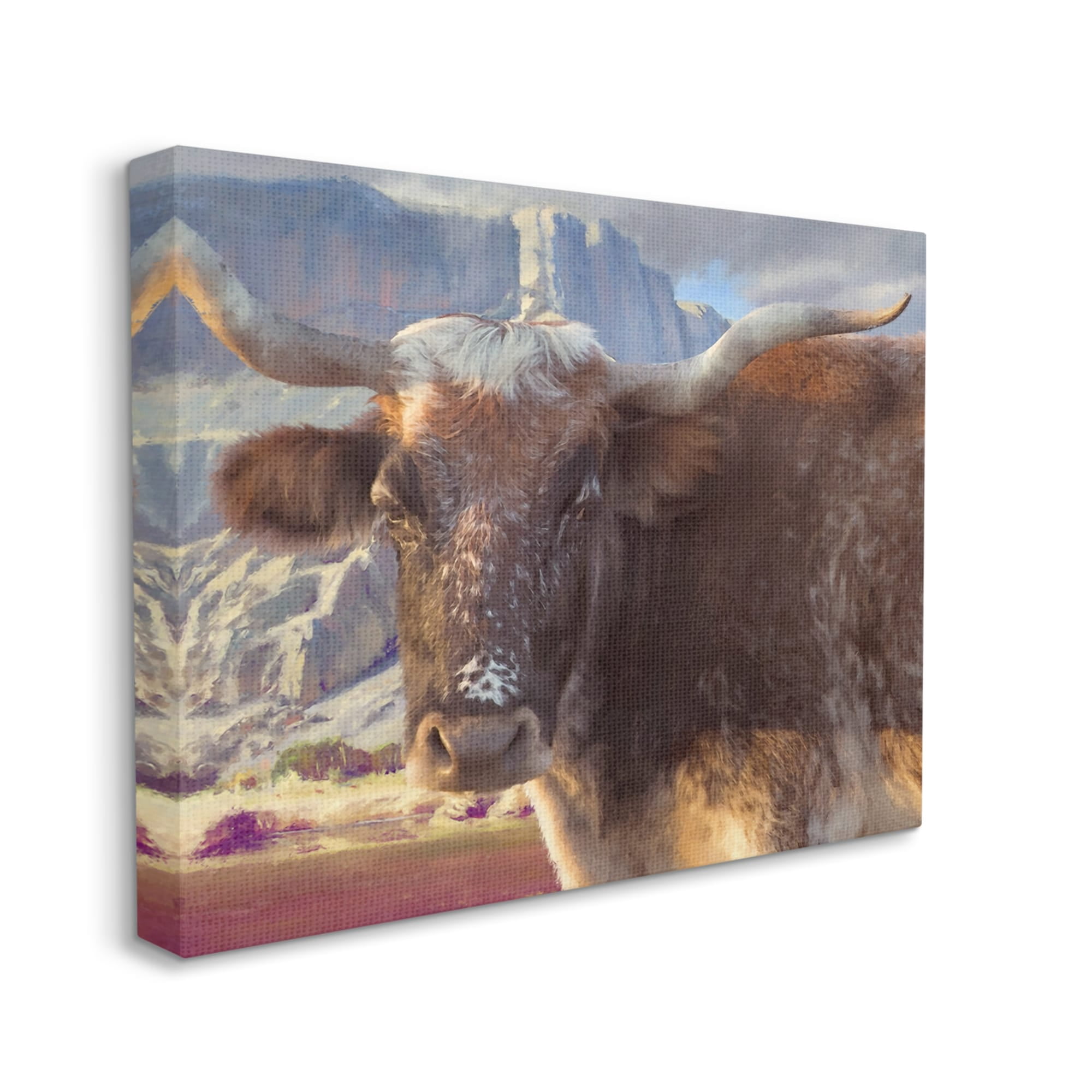 Stupell Longhorn Cattle Rural Mountains Animals & Insects Painting Gallery Wrapped Canvas Print Wall Art