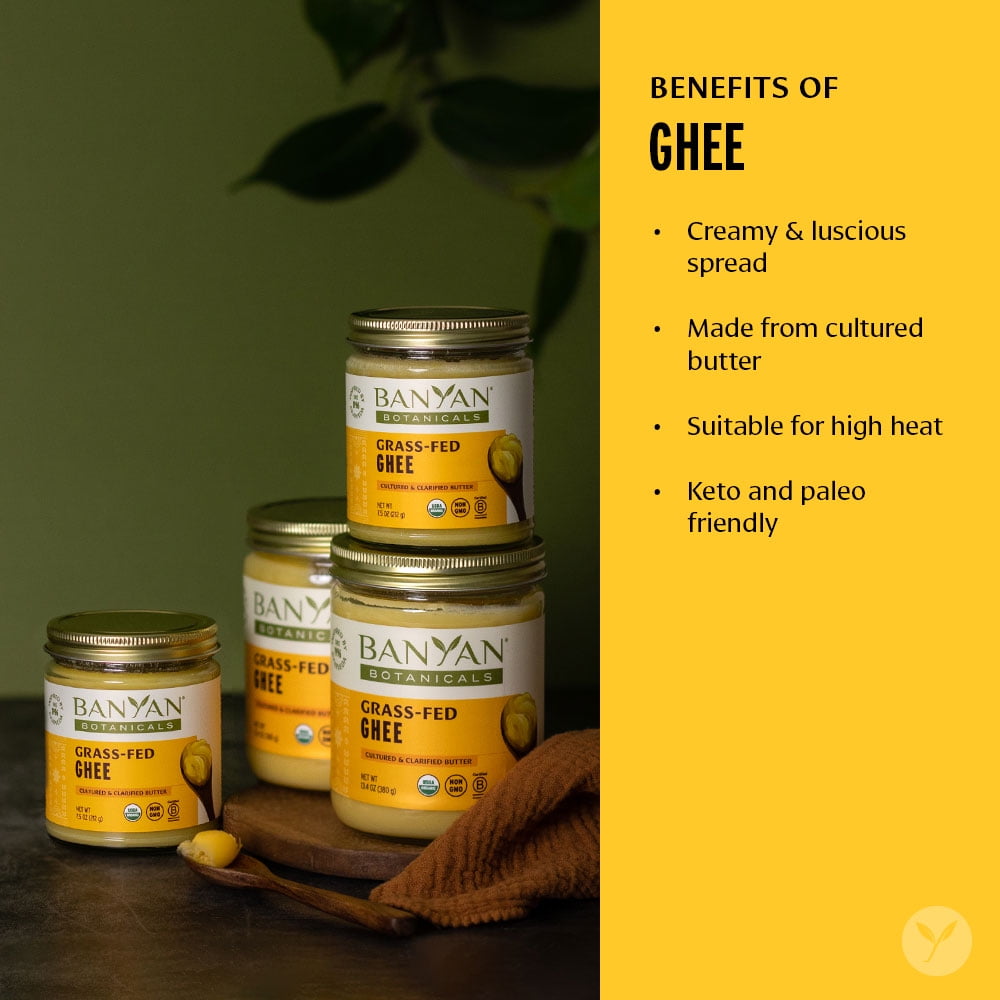 Banyan Botanicals Grass-Fed Ghee  Original Cultured Organic Ghee (Clarified Butter)  Tasty Oil & Butter Alternative for Cooking & Baking  13.4 oz  Non-GMO Gluten Free Vegetarian
