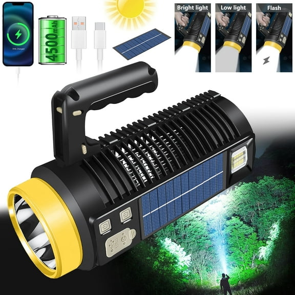 Bemico Solar Power Large Rechargeable Spotlight Flashlight Handheld Led Flashlight for Outdoor Emergency Climb Hiking Hunting Camping