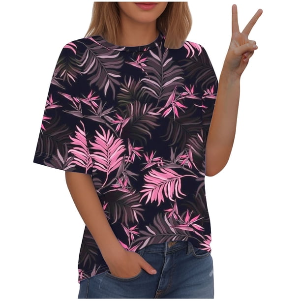 Blusas de Manga Corta para las Mujeres, Moda Impresa Cuello Redondo Camiseta Casual Top Hecho de Cómodo Estante de Algodón de Imitación para Todas las Estaciones, Blusas de Algodón para las Mujeres