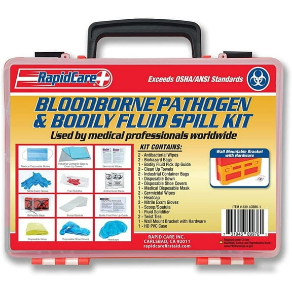 First Aid Premium Bloodborne Pathogen & Bodily Fluid Spill Clean Up Kit, OSHA Compliant, Wall Mountable, 10" x 8" x 3.5",Red/Clear