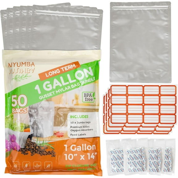 50 pc 1 Gallon Mylar Bags with Oxygen Absorbers & Food Labels, Vacuum Ziplock Heat Seal, Freezer Resealable, Durable Reusable Airtight & Gusseted mylar bags for food storage