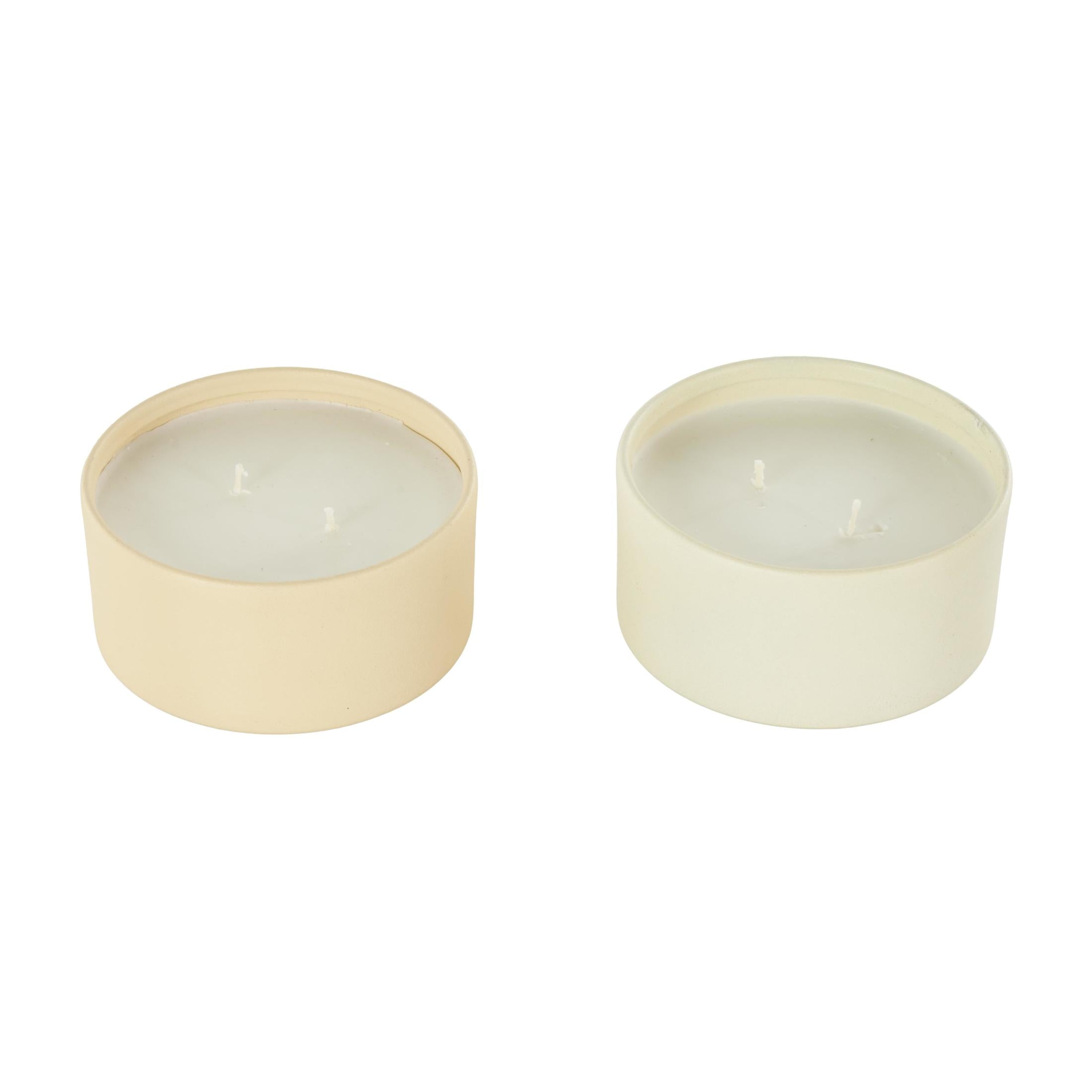 DecMode 2 Holder Multi Colored Metal Fresh Cotton / White Tea & Ginger Scented Textured 9oz 2 Wick Candle with White Wax, (Set of 2)
