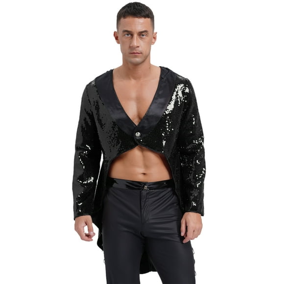 iiniim Men's Circus Ringmaster Tailcoat Jacket Sequin Mesh One-button Coat Costume for Halloween Black M