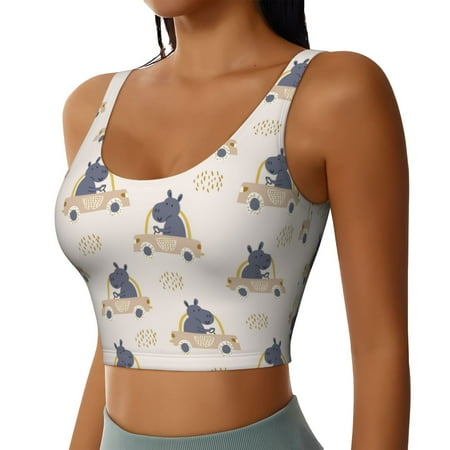Picia Hippos Driving A Car Sports Bra for Women Padded Strappy Sports Bras Medium Support Yoga Bra with Removable Cups Running Yoga Bra-Medium