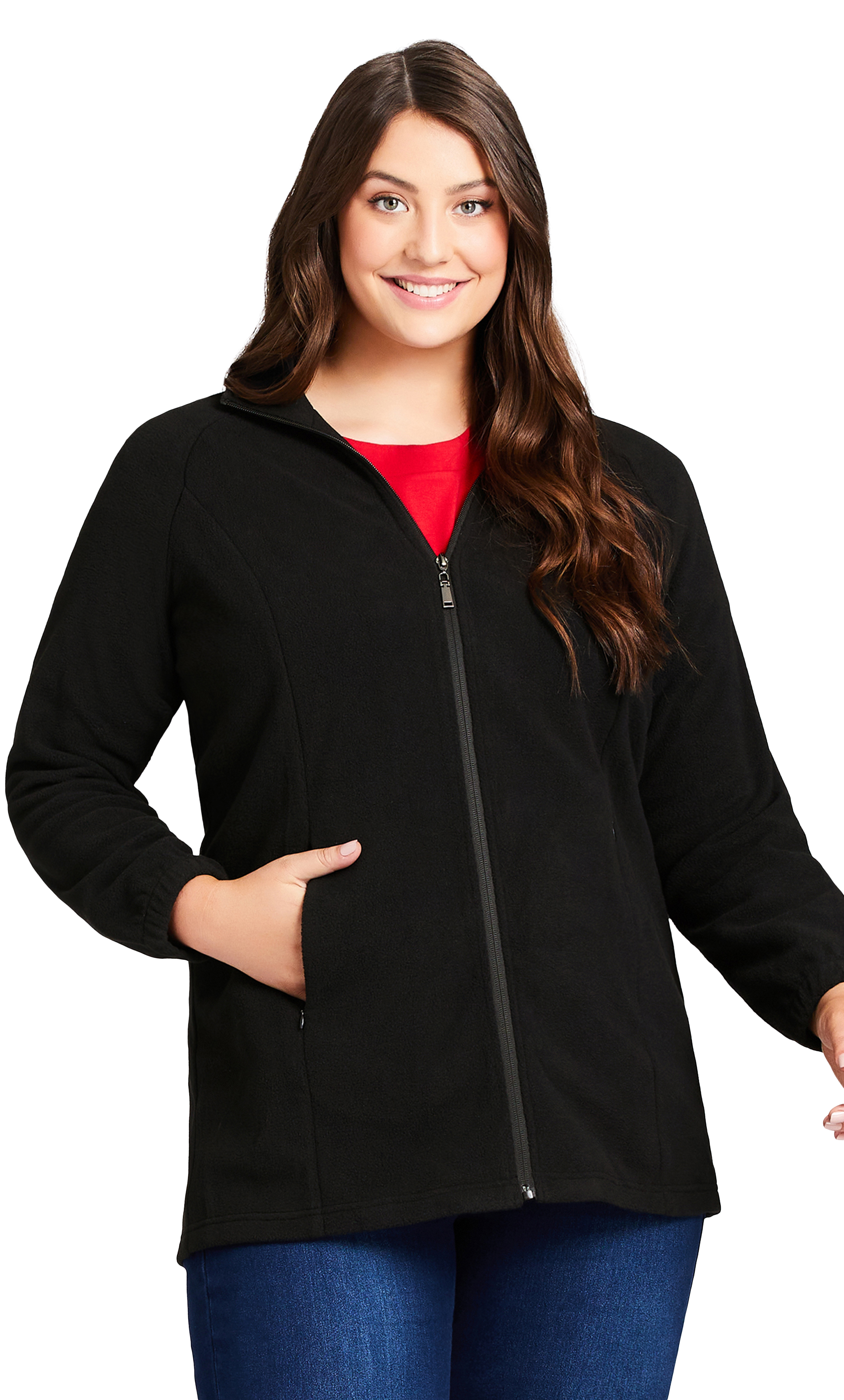 Avenue Women's Plus Size Polar Fleece Zip Jacket Funnel Neck Long