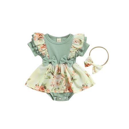 

wybzd Infant Newborn Baby Girl Rib Knit Ruffled Flutter Sleeve Floral Romper Jumpsuit Green 0-3 Months