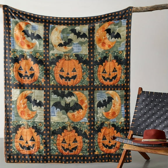 Vintage Halloween Pumpkin & Bat Quilt - Cozy Flannel Throw Blanket with Moon and Jack-O'-Lantern Design, Soft and Warm for Sofa, Bed, Car, Office, Camping, All-Season Gift, Halloween Blanket