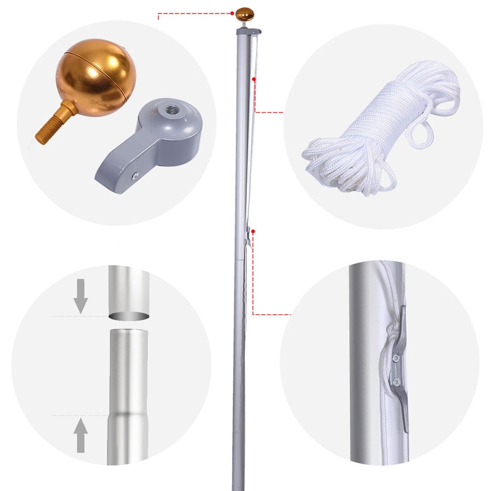 20FT/25FT Sectional Flag Pole Heavy Duty Aluminum Flagpole Halyard Golden Ball Kit with 2 USA Flags Set