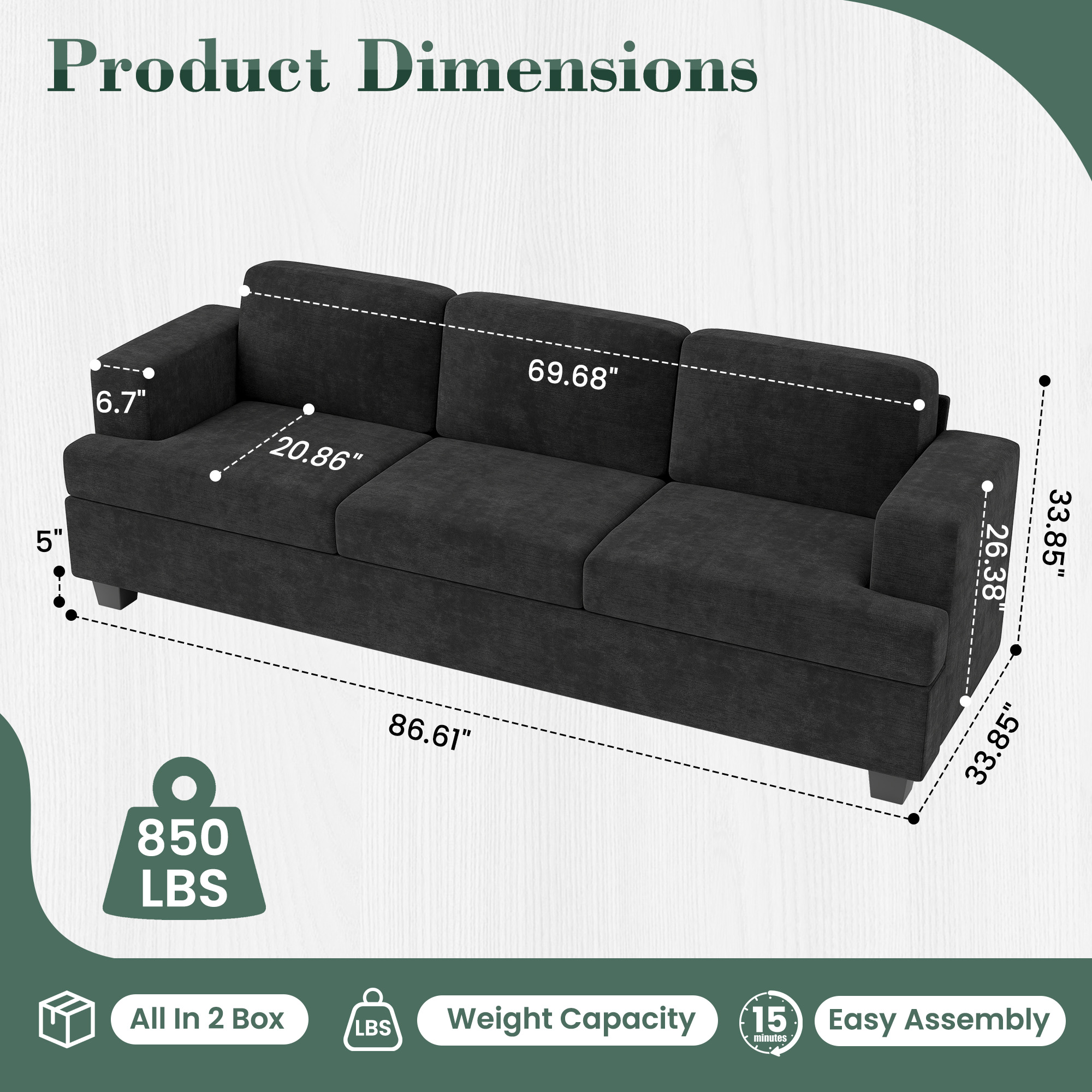 YOUDENOVA 89 Inch Sofa Couch, Modern 3-Seater Sofa for Living Room, Modern Sleeper Couches Deep Seat Sofa Lounge for Apartment, Black Chenille