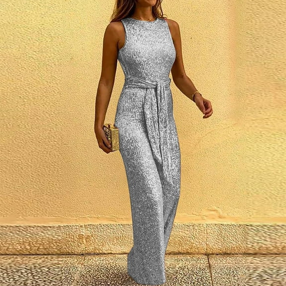 Women Sexy Zipper Bandage Sequins Solid Color Backless V-Neck Sleeveless Jumpsuit