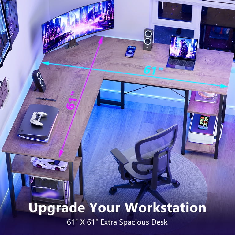 GUNAITO 61" L-Shaped Gaming Desk with Storage, Natural Wood photo 6