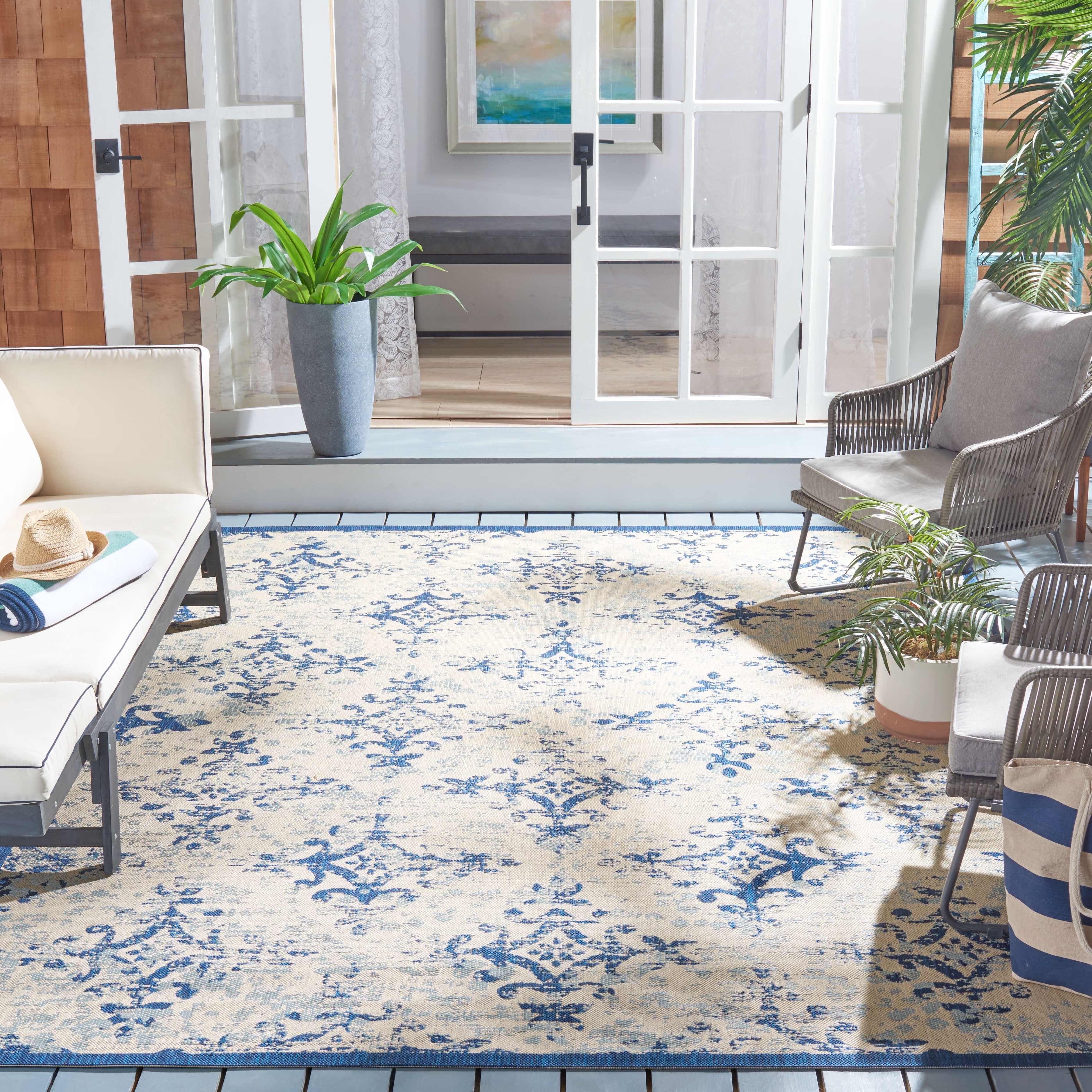 Safavieh Courtyard Duana Geometric Indoor/Outdoor Area Rug, Ivory/Navy, 6'7" x 6'7" Square