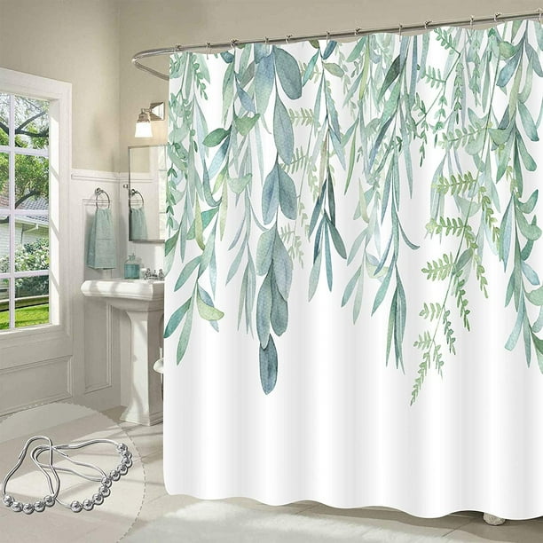 Extra Long Shower Curtain 72 x 84, Green Plant Leaves Tall Shower Curtain, Spring Sage Green