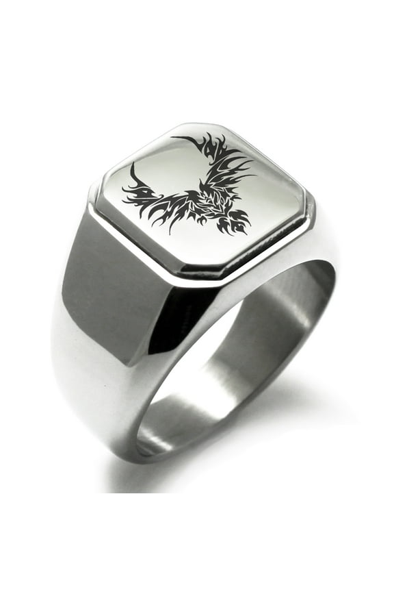 Stainless Steel Rising Phoenix Blaze Engraved Square Flat Top Biker Style Polished Ring
