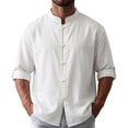 thumbnail image 3 of UVEASISHA Linen Shirts for Men Roll Up Long Sleeve Beach Shirt Stand Collar Casual Chinese Frog Button Shirts Solid Color Vacation Wear White XL, 3 of 8