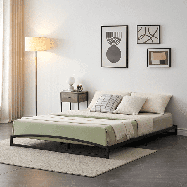 Low Bed Frame, Heavy Duty Metal Platform Bed Frame with Arch Design, Steel Slats Support, Easy Assembly, No Box Spring Needed