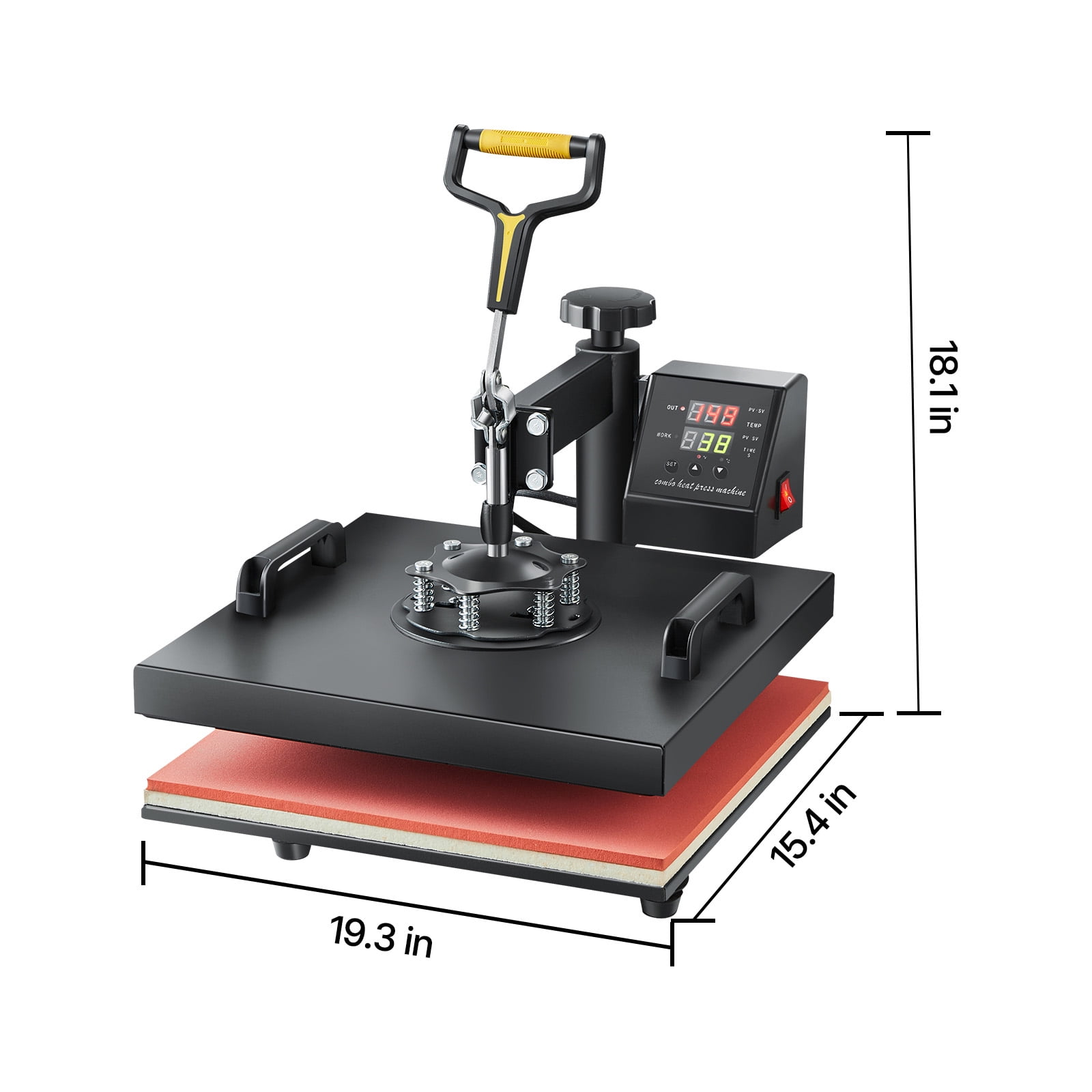 KFFKFF 15 x 15 inch Heat Transfer Machine, 2-in-1 Design with Hat Press, 360° Swing-Away T-Shirt Press, Digital Control Panel, Efficient Heating for T-Shirts, Hats, and Caps, Black