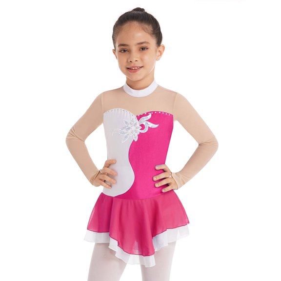 Aislor Girls Sequins Diamonds Leotard Dancewear Kids Long Sleeves Mesh Ballet Dress