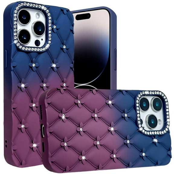 Designed for Apple iPhone 16 Pro (6.3") Fashion Flower Design Sparkle Glitter Shimmer Rhinestone Bling Leather Feel Thick TPU Rubber Hard PC Phone Case Cover - Dark Blue /Burgundy