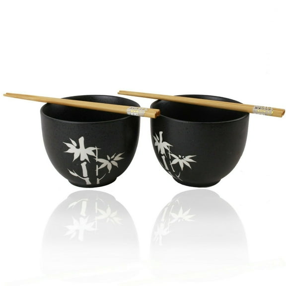 Set of 2 Quality and Elegant Japanese Porcelain Black Bowls w Chopsticks- White Bamboo EHD New