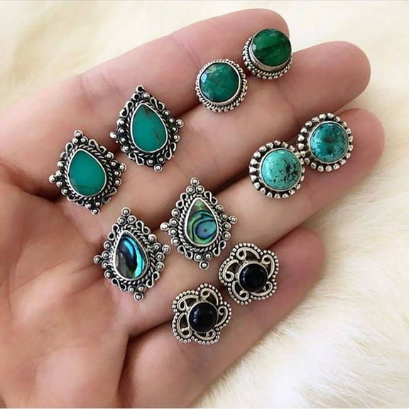 Anvazise 5 Pair Women Bohemia Faux Turquoise Flower Water Drop Ear Stud Earrings Jewelry Antique Silver